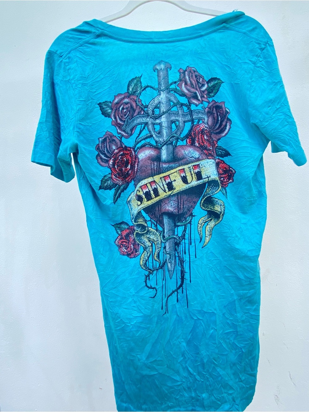 Y2K Sinful by Affliction Blue Tatto Graphic Print Rhinestone T-shirt Size Large
